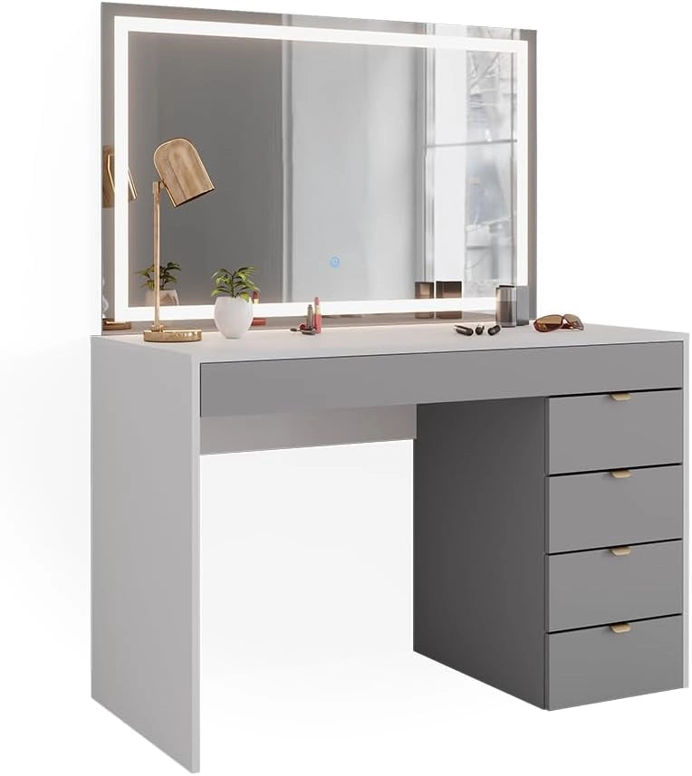 Tavolo da toeletta Elise, Bianco/grigio/grigio, 115 cm con specchio a LED, con illuminazione LED e grande specchio per applicazioni di trucco