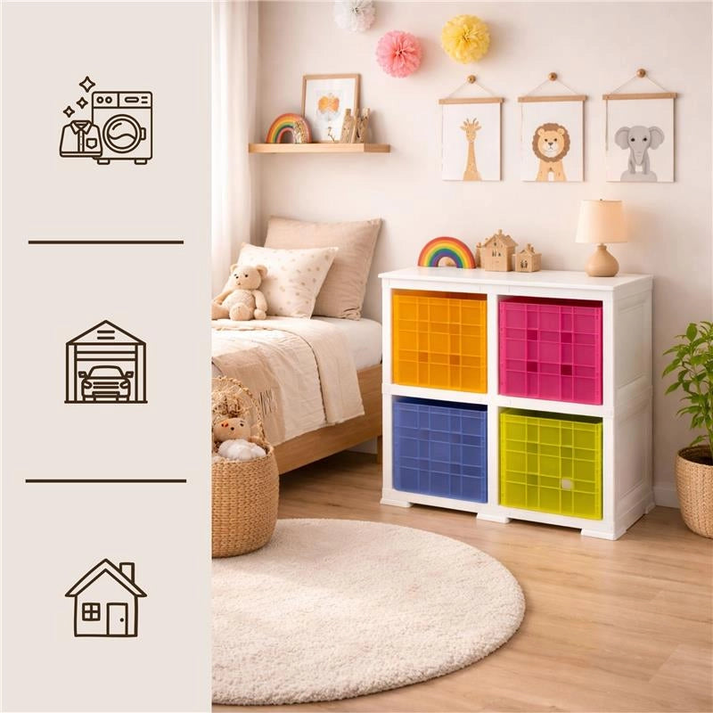 SCAFFALE 2 MODULI ANGORA 79X41X85,5 CM CON 4 CONTENITORI CUBO A SCORRIMENTO – LIBRERIA ORGANIZZATORE PER CAMERETTA E ZONA CREATIVA
