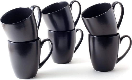 Set di Tazze da Caffè da 6 - Ceramica di Alta Qualità, Manico Grande - Grandi Tazze, Nero