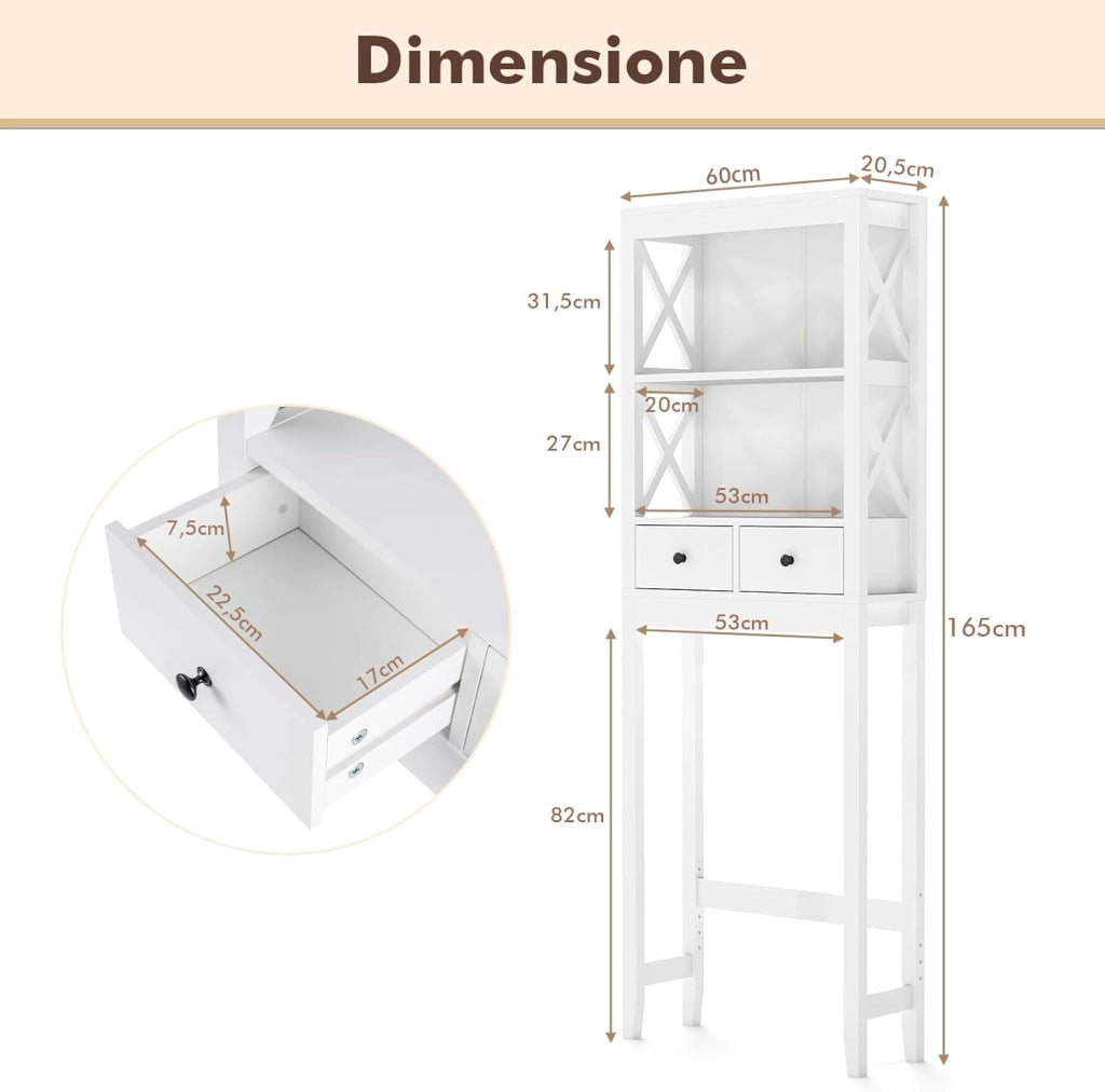 Mobile Sopra Lavatrice, Armadietto da Bagno Indipendente Alto 165 cm con Ripiani Aperti, Cassetti e Barra Inferiore Regolabile, Mobile Sopra WC Salvaspazio, 60 x 20,5 x 165 cm