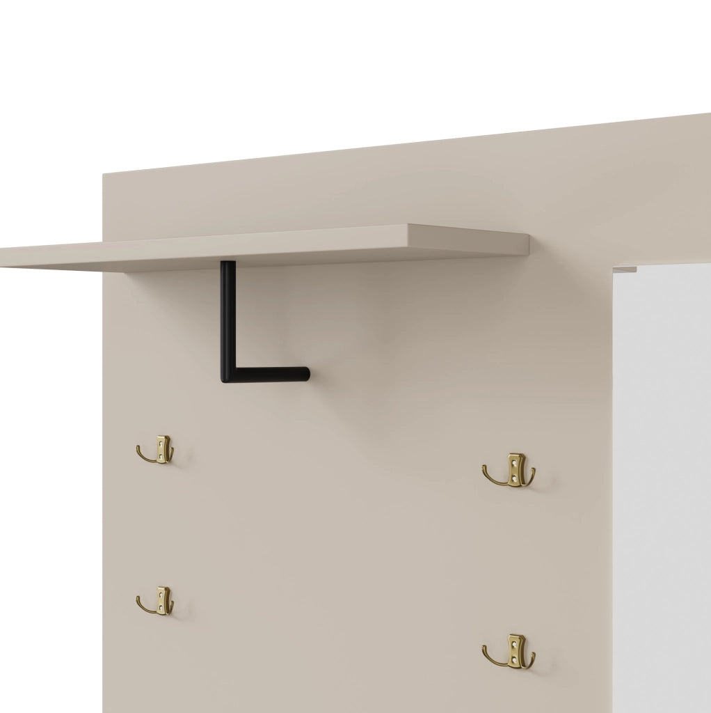 Mobile ingresso con specchio; seduta imbottita; ripiani regolabili e ganci; 110 x 37 x 185;5 cm; beige e crema