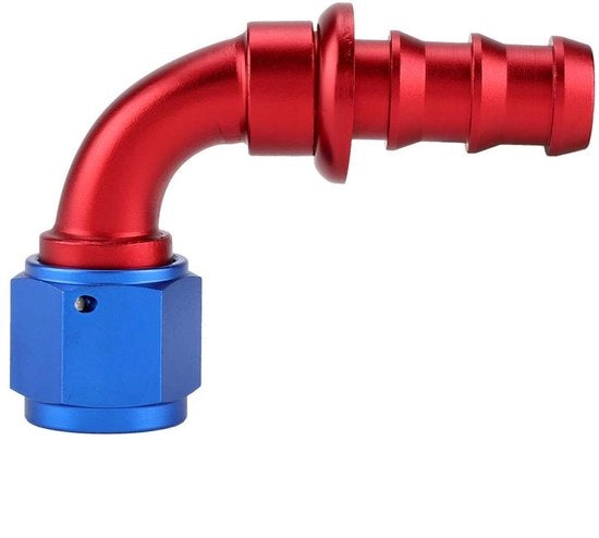 Connettore finale in alluminio per oleodotti con angolo di 90 gradi, anodizzato in blu e rosso, con guaina di protezione, compatibile con molti marchi.