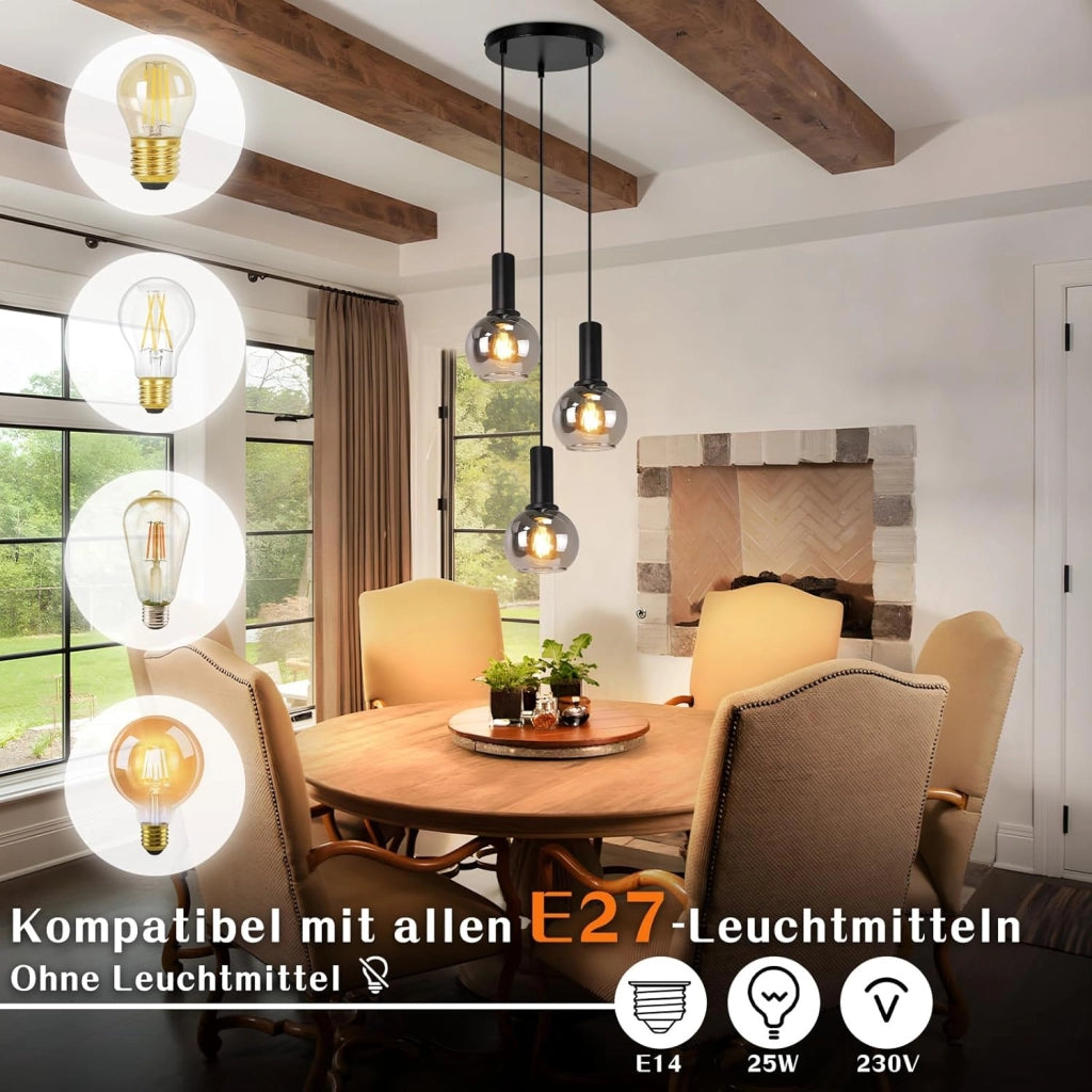 Lampada a sospensione ZMH da sala da pranzo a 3 fiamme E27 lampada a sospensione retr¨° in vetro camera da letto bar