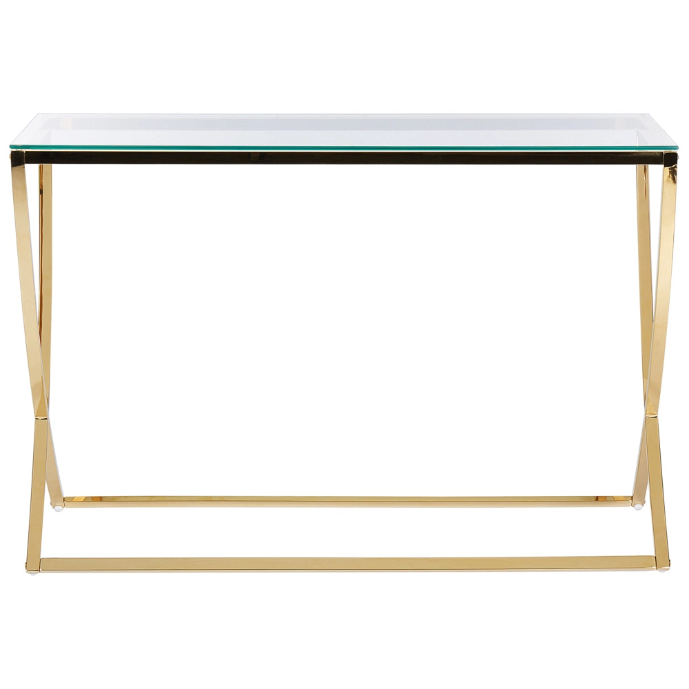 Tavolo consolle con piano in vetro oro lucido e struttura in acciaio inox stile glamour soggiorno