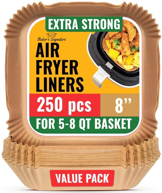 Pergamino per air fryer, 250 pezzi - 20,32 cm quadrato per contenitori da 5,7-9L - Pergamino per air fryer non trattato - Ideale per forni, padelle e teglie - Facile da pulire