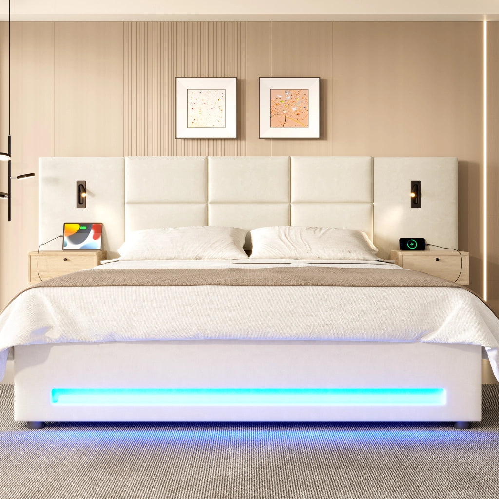 LETTO 180x200 cm in velluto beige con cassetti, LED e USB-C