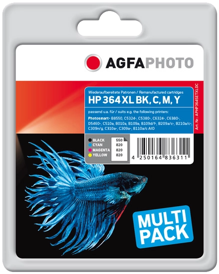 ORIGINAL Agfa Photo Multipack nero / ciano / magenta / giallo APHP364SETXLDC 364XLBK,C,M,Y ~3010 Seiten Agfa Photo 364bk XL (CN684EE) + 364c XL (CB323EE)+ 364m XL (CB324EE) + 364y XL (CB325EE)