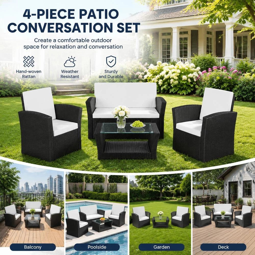 4-piece Garden Lounge Set With Cushions, Poly Rattan, Black