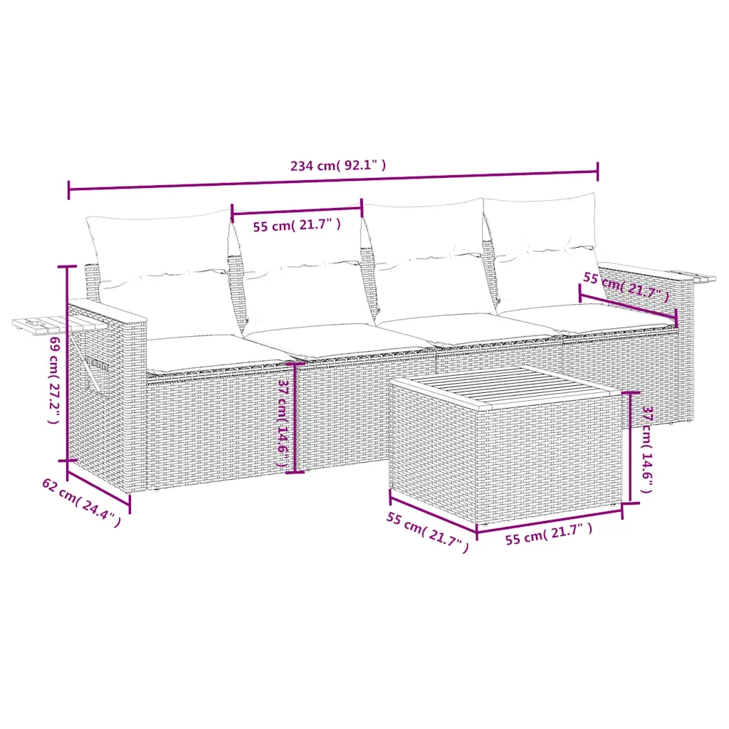 Set Divani da Giardino 5 pz con Cuscini Nero in Polyrattan