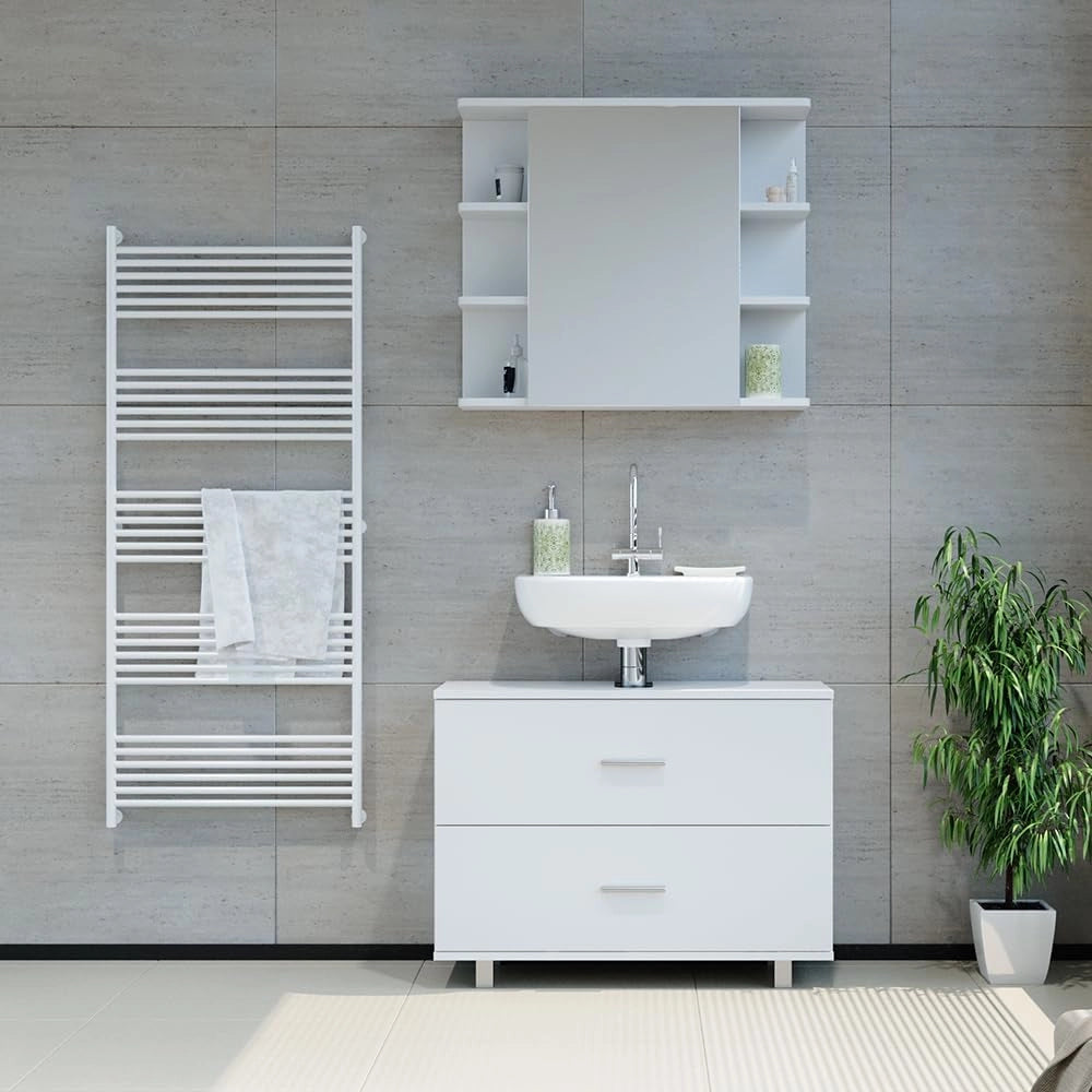 Mobile sottolavabo per bagno Ilias, Bianco, 80 x 60.8 cm, con ritaglio per sifone e aperture di ventilazione laterali