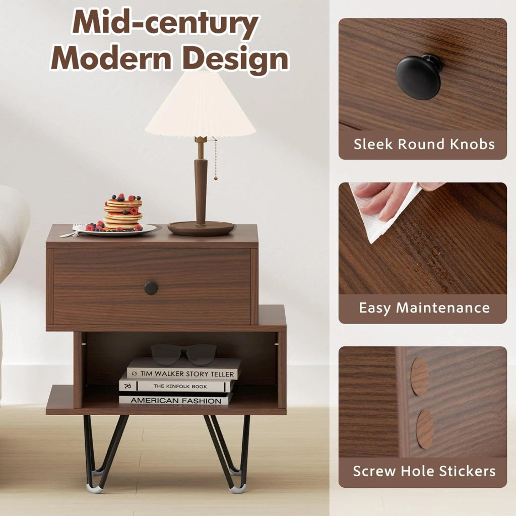 Set di 2 Comodini, Tavolini da Letto in Stile Moderno con Cassetto Rimovibile e Scomparto Aperto, Tavolini da Accento con Gambe in Metallo per Camera da Letto (Noce)