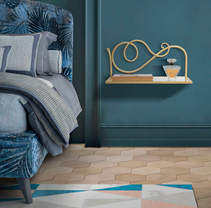 Comodino Mensola Coppia 41,5x18x20,5 cm in Ferro MDF e Specchio Oro