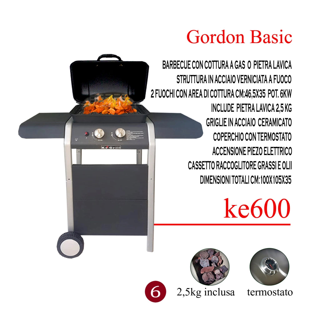 Ke grill ke600 barbecue gordon basic inox a gas senza fornellino con pietra lavica dimensioni 100x105x35cm