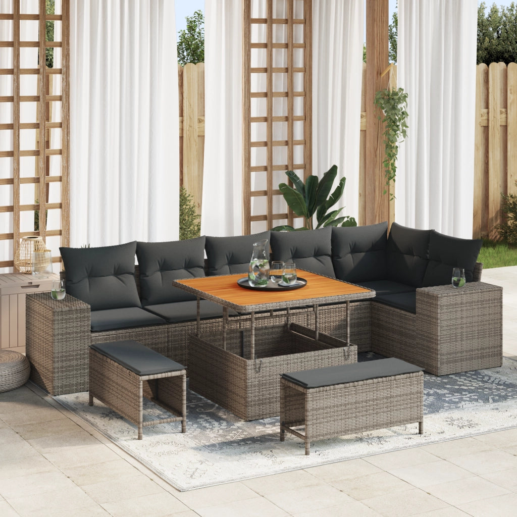 Set Divano da Giardino  9 Pezzi con Cuscini Grigio Polyrattan Acacia