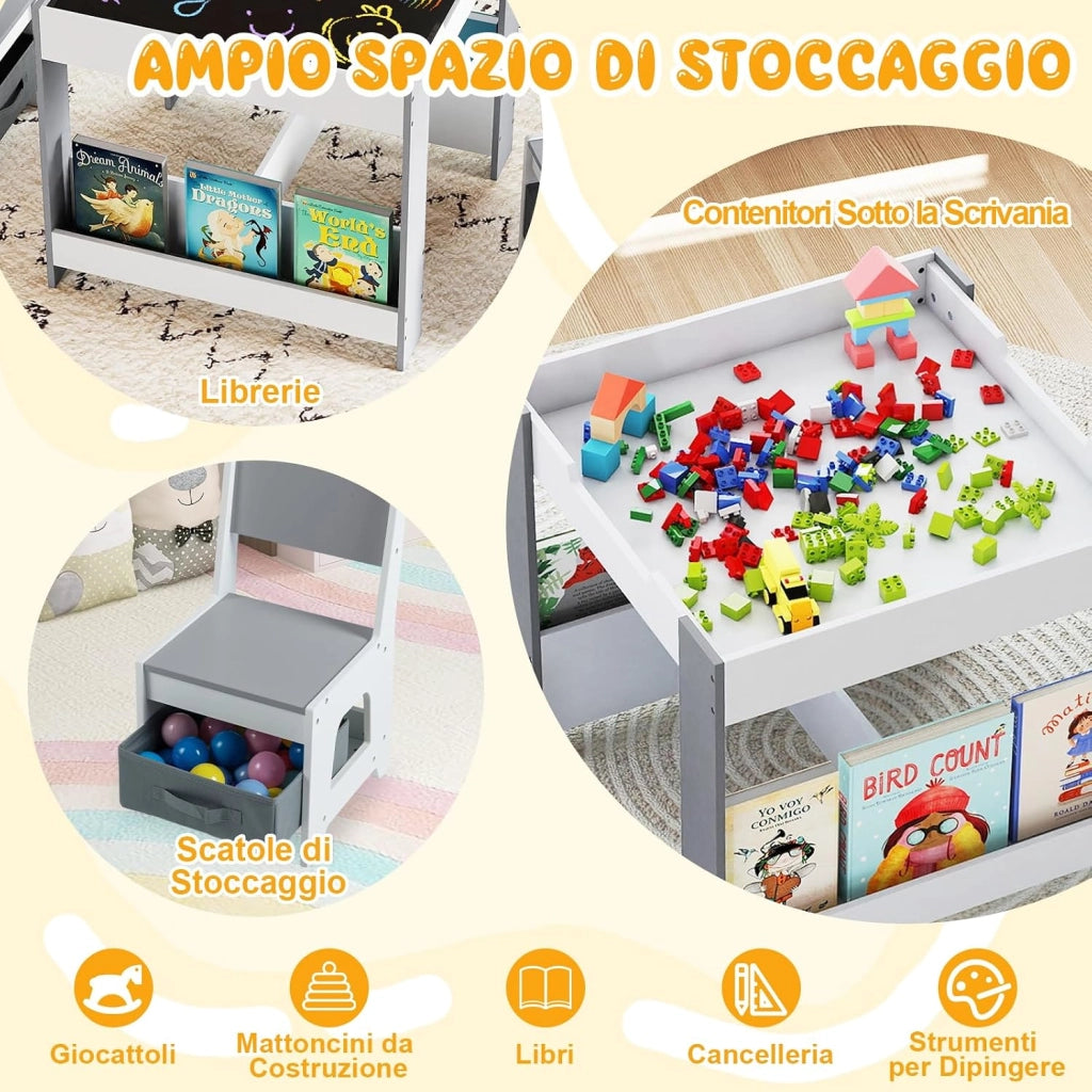 4 in 1 Set Tavolo e Sedie per Bambini 3+ Anni, Tavolo e Sedie con Piano Reversibile, Scaffali e Cassetti, Ideale per Disegno, Lettura e Studio (Grigio, Stile 3)