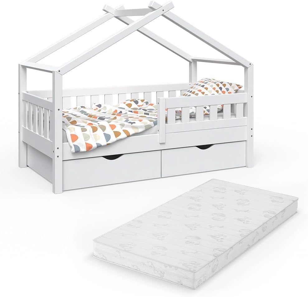 Letto montessori bambini Design, Bianco, 80x160 cm con 2 cassetti e materasso, adatto come area giochi e zona notte per bambini