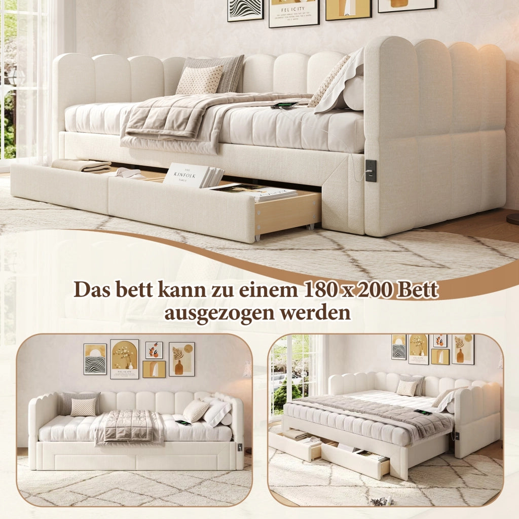 Letto a scomparsa imbottito 90x200 - Xylo - 2 cassetti USB beige