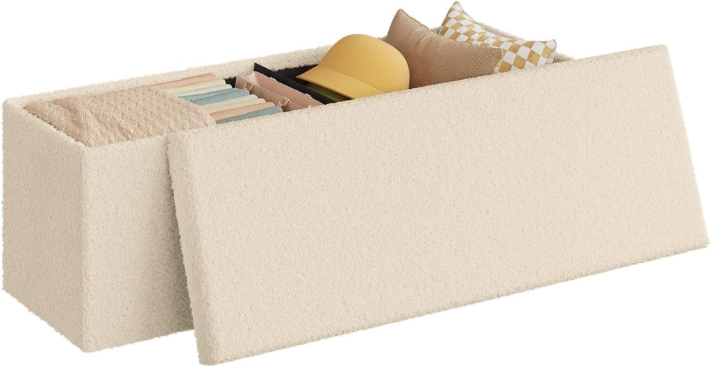 Cassapanca Contenitore da Interno, Pouf Poggiapiedi Pieghevole, con Pannello Divisorio, Rivestimento in Tessuto Teddy, per Camera da Letto, Ingresso, Soggiorno, 110x38x38,5 cm, Beige
