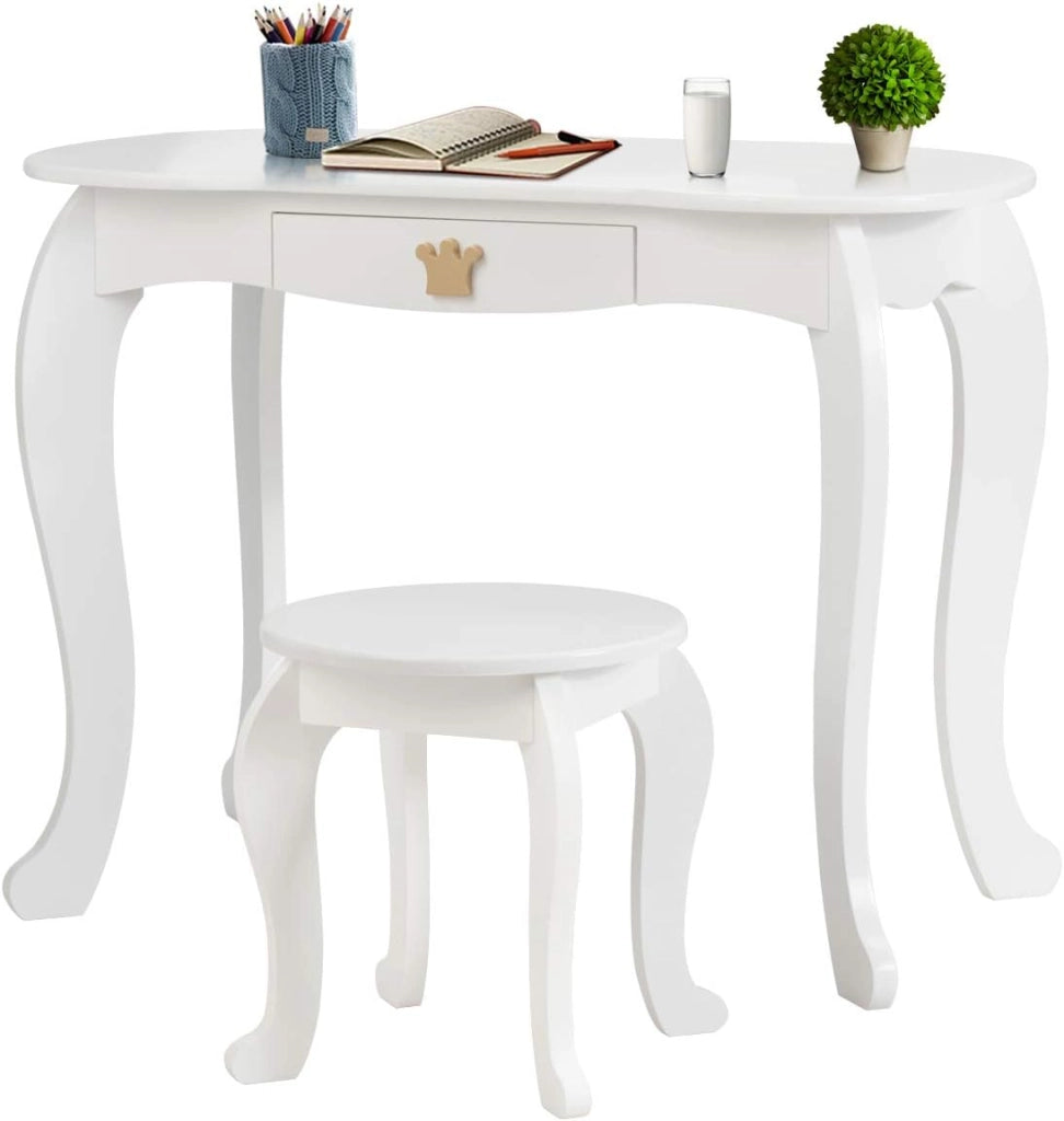 Toeletta da Trucco per Bambini, 2 in 1 Giocattolo da Trucco, Tavolo e Sgabello, con Cassetto, Specchio Rimovibile, Design Principessa, Consigliata per Ragazze 3-7 Anni, Rosa/Bianco