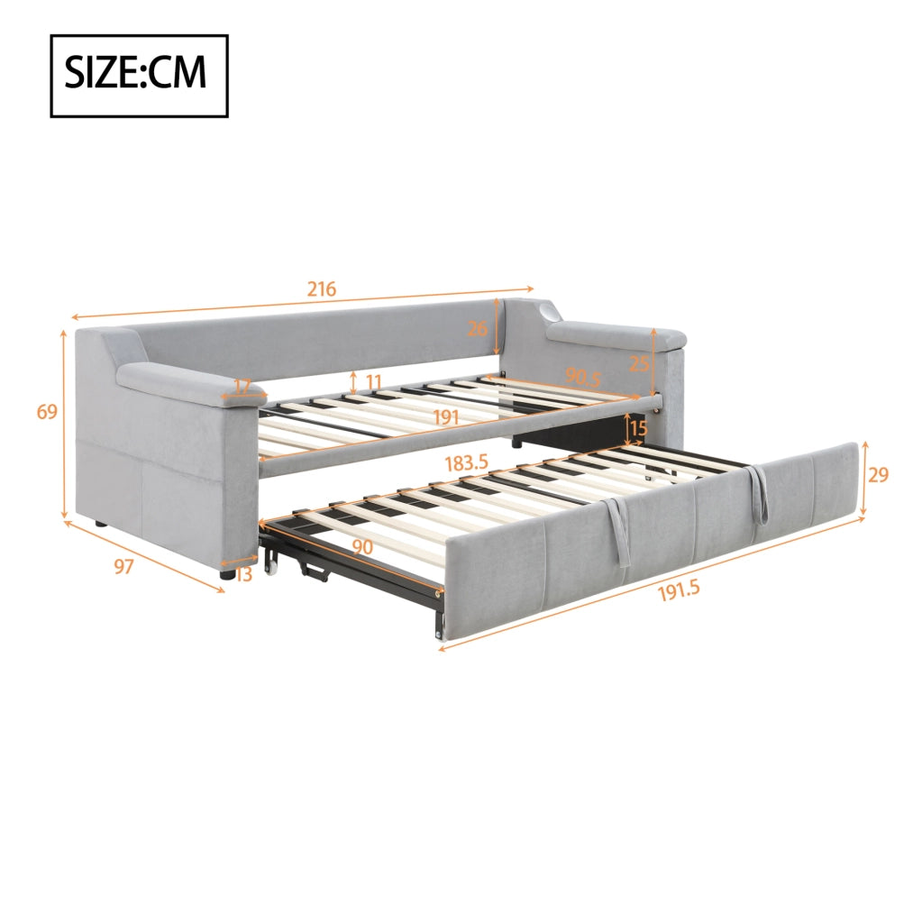 Divano letto multifunzionale 90/180x190 cm in velluto grigio con USB; Bluetooth e contenitori