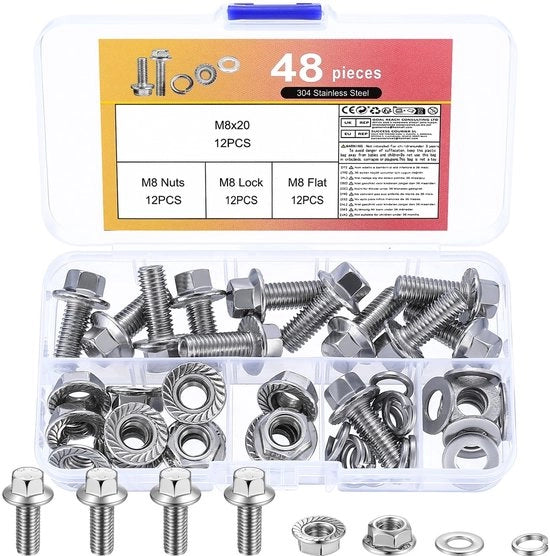 Assortimento di viti M8 a 48 pezzi, viti, viti a flangia in acciaio inossidabile, viti a flangia, viti a 6 viti con viti e clip e veer con clip e veer.