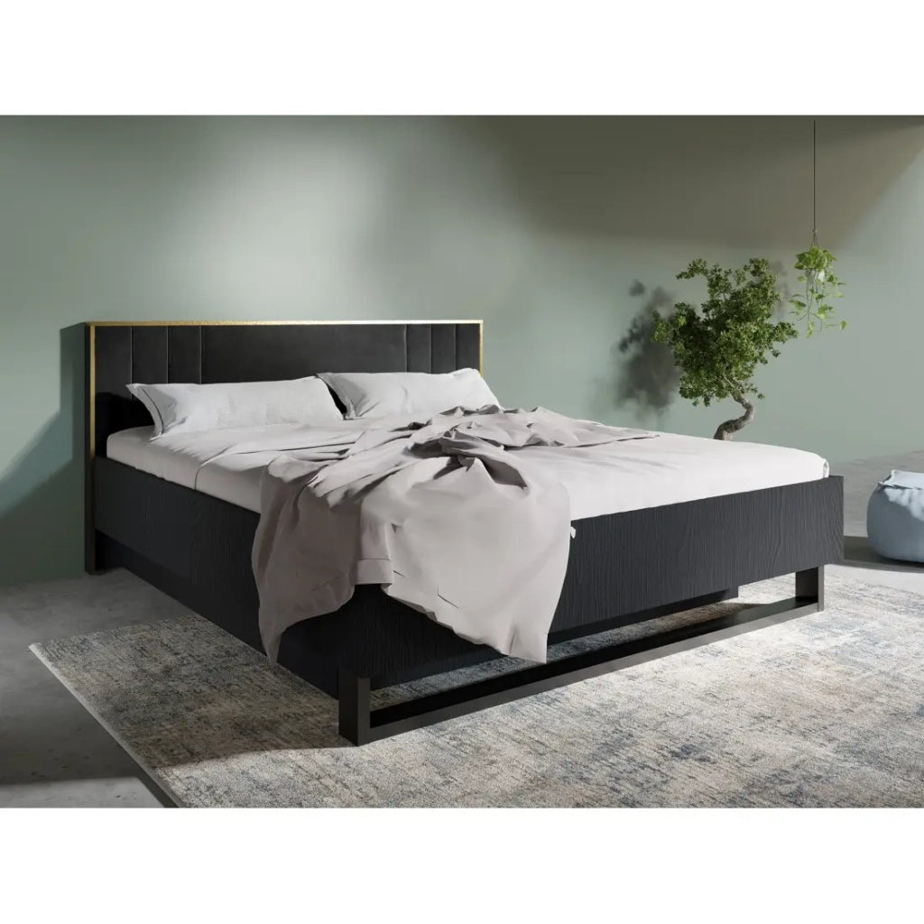 Letto MONDO – 160x200 cm – Nero strutturato e dorato – Piedi in metallo – Rete inclusa