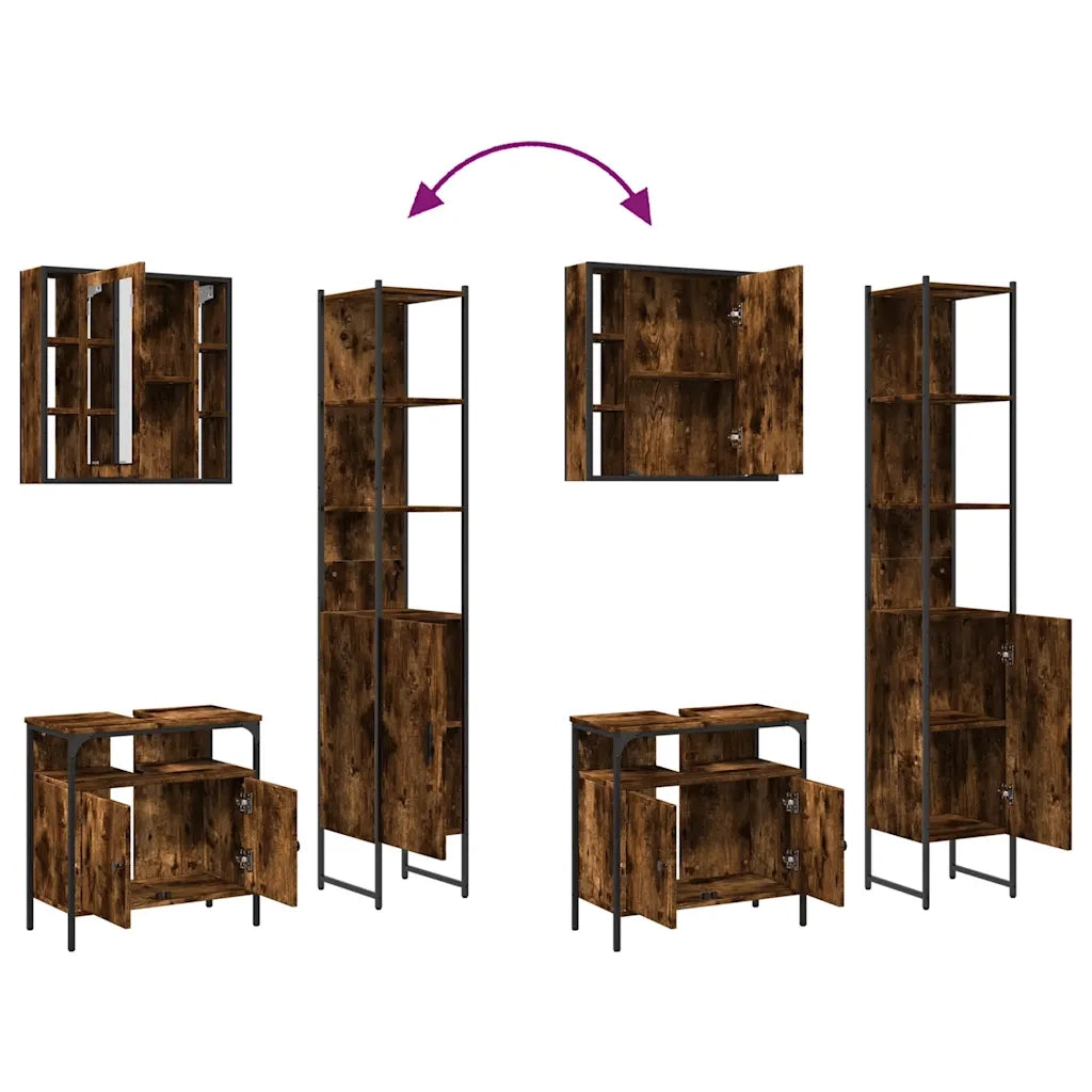 Set Mobili da Bagno 3 pz Rovere Fumo in Legno Multistrato