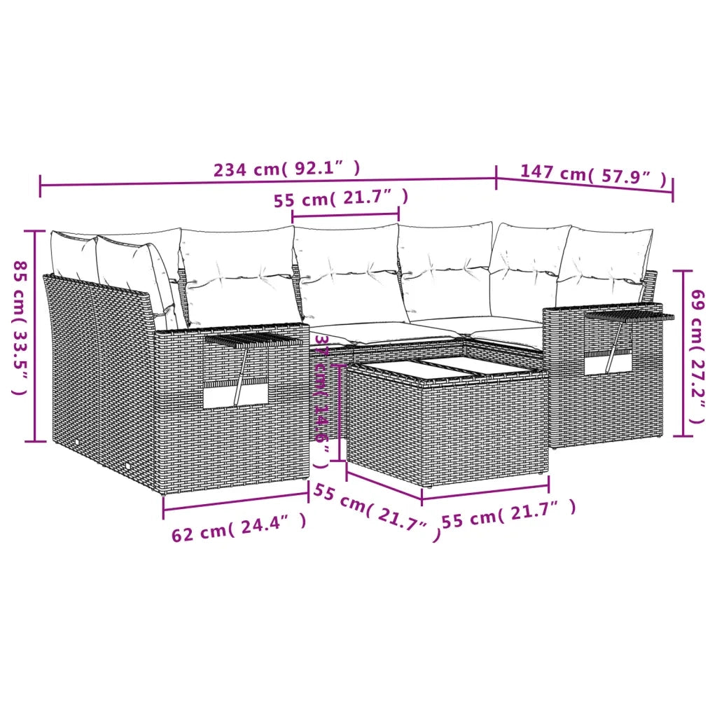 Set Divani da Giardino 7 pz con Cuscini Grigio in Polyrattan