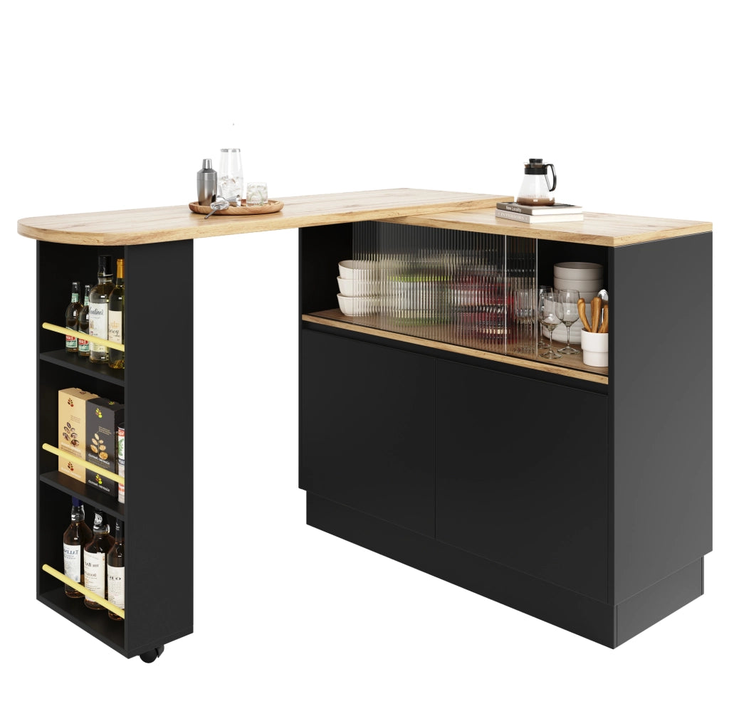 Mobile bar girevole 90x45x100 cm con porta scorrevole in vetro e struttura in MDF nero