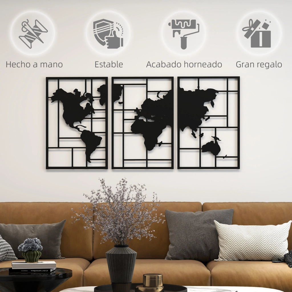 Mappa Mondo in 3 Pezzi per Parete ¨C zephmum ¨C Nero 60x40 cm