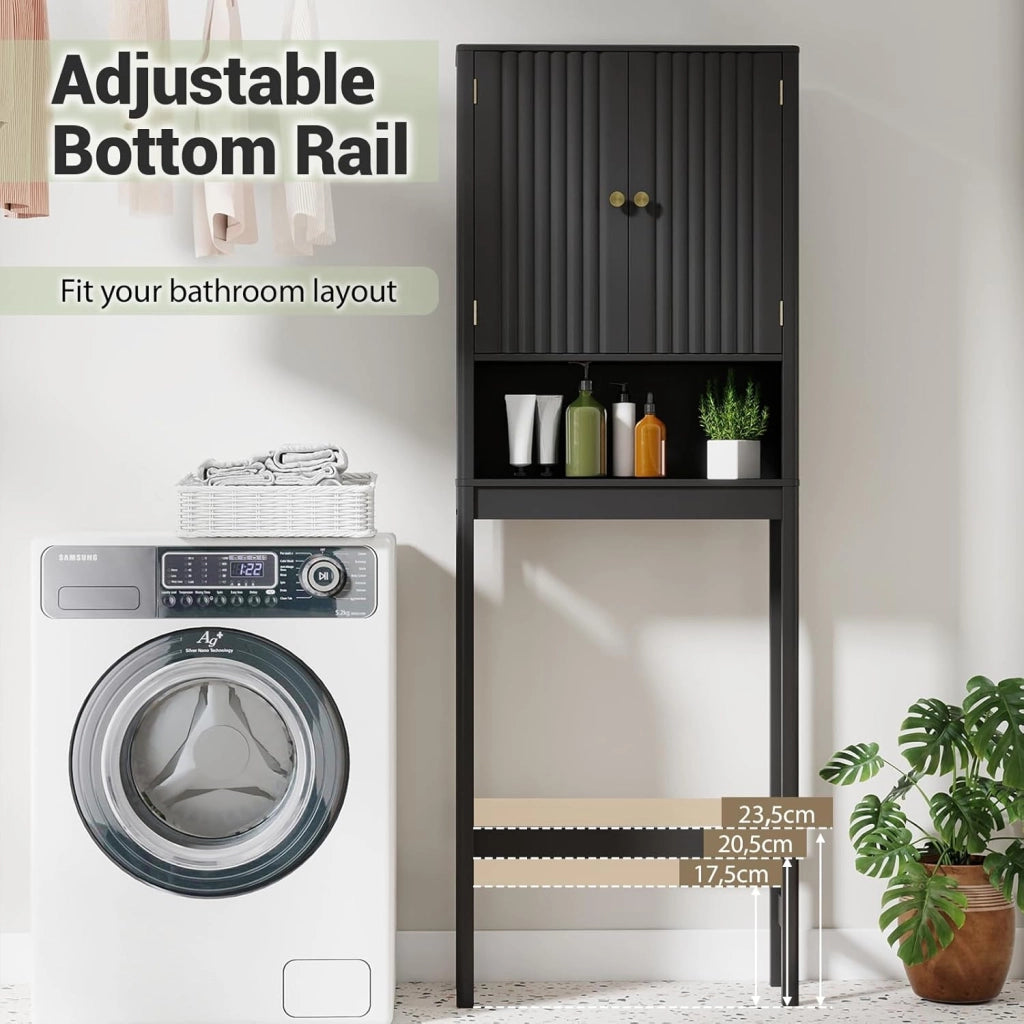 Mensola WC con ripiani regolabili, armadietto WC con 2 ante e ripiano aperto, 60 × 23 × 168 cm, salvaspazio per bagno e lavanderia (nero)