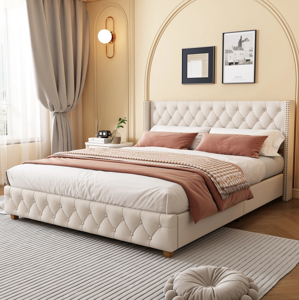 Letto imbottito in lino Beige 180x200 cm con testiera e rete a 12 doghe