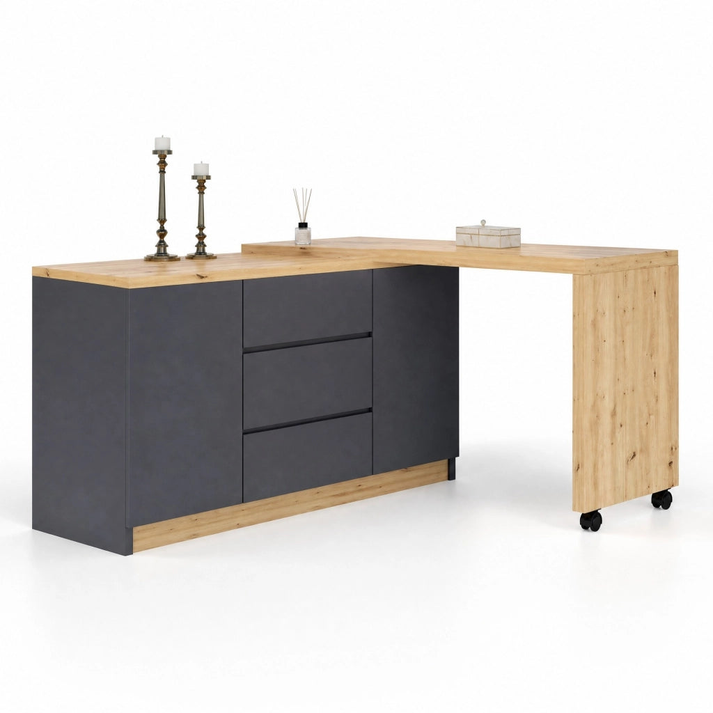 Scrivania pieghevole girevole 360° con rotelle frenanti, 120x50x76,5 cm, effetto grigio e quercia, con 2 porte e 3 cassetti
