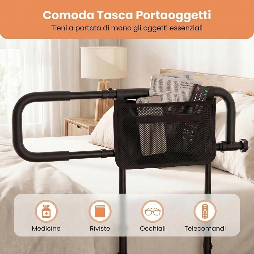 Sponda Letto Anziani Regolabile e Pieghevole, Altezza/Larghezza Aggiustabile, Tasca Rimovibile, Maniglie Imbottite e Base a U, Adatto a Letti King/Queen, Supporto fino a 136 kg (Nero)