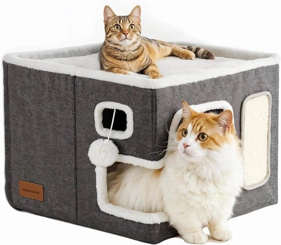 Cubo per gatti pieghevole con pallina soffice e piatto per arrampicarsi - Grotta per gatti confortevole multifunzionale grande grigia scura - Per gatti di casa 40 x 40 x 30 cm