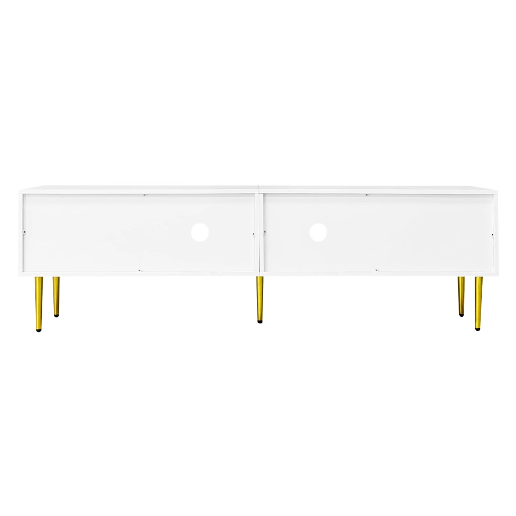 Mobile porta TV con 4 ante, 2 vani con vetro arcuato e 2 fori passacavi, per soggiorno, truciolato bianco, 170 × 35 × 50 cm