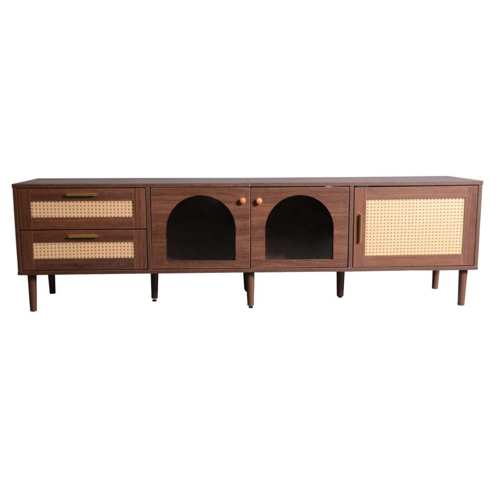 Mobile TV 180x40x50 cm con 2 cassetti in rattan e illuminazione LED in pannello truciolare marrone