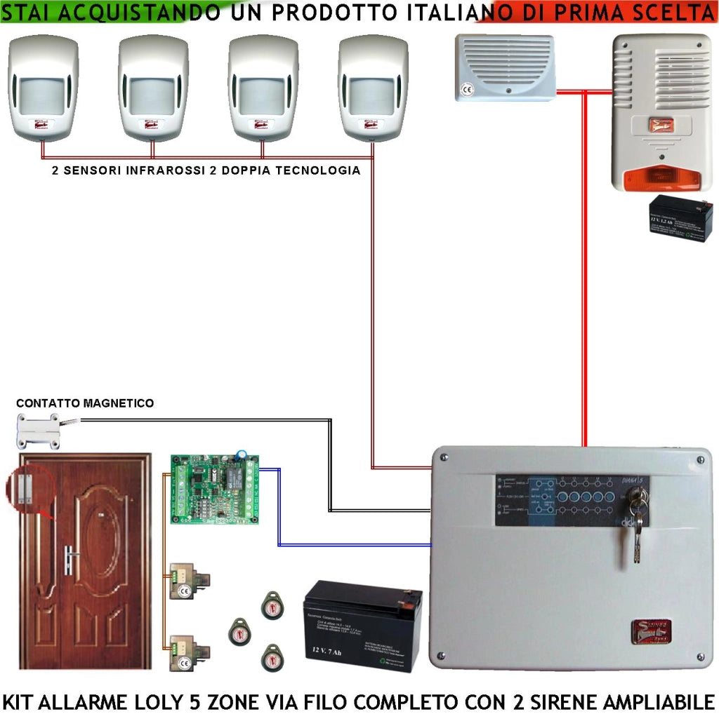 Kit Impianto Antifurto Loly Centrale Diana 5 Zone Sensori di Movimento 2 Infrarossi e 2 Doppia Tecnologia Contatto Magnetico Sirena Interna ed Esterna Lampegggiante Chiave Proxi 2 Lettori 3 Trasponder