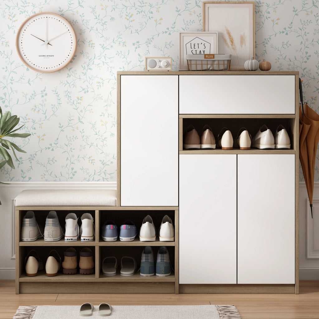 Scarpiera multifunzione con panca imbottita, ripiani regolabili, dispositivo anti-ribaltamento, colore bianco