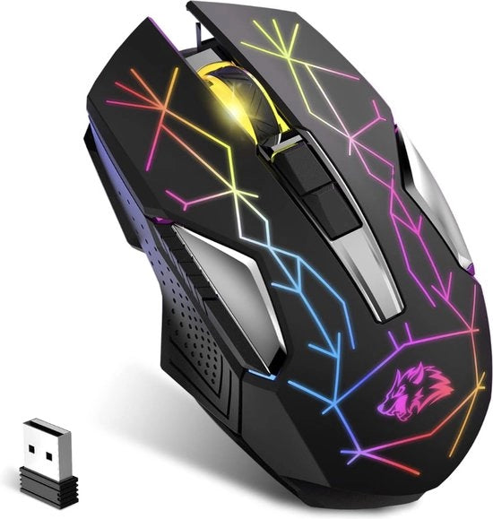 Maus da Gioco Senza Fili - Ricaricabile - 600mAh - Effetti di Luce LED - DPI Regolabile - Ricevitore USB - Senza Fili