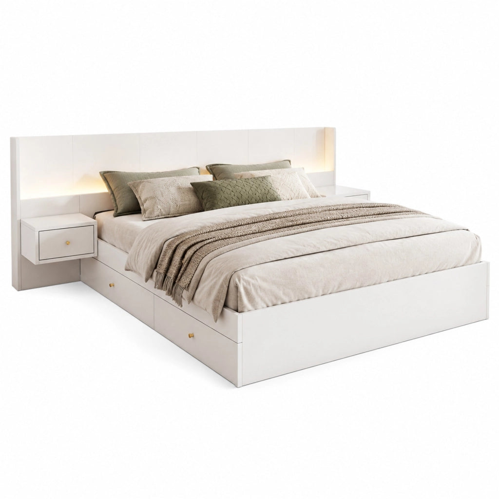 Letto matrimoniale 180x200 cm con LED, USB e cassetti