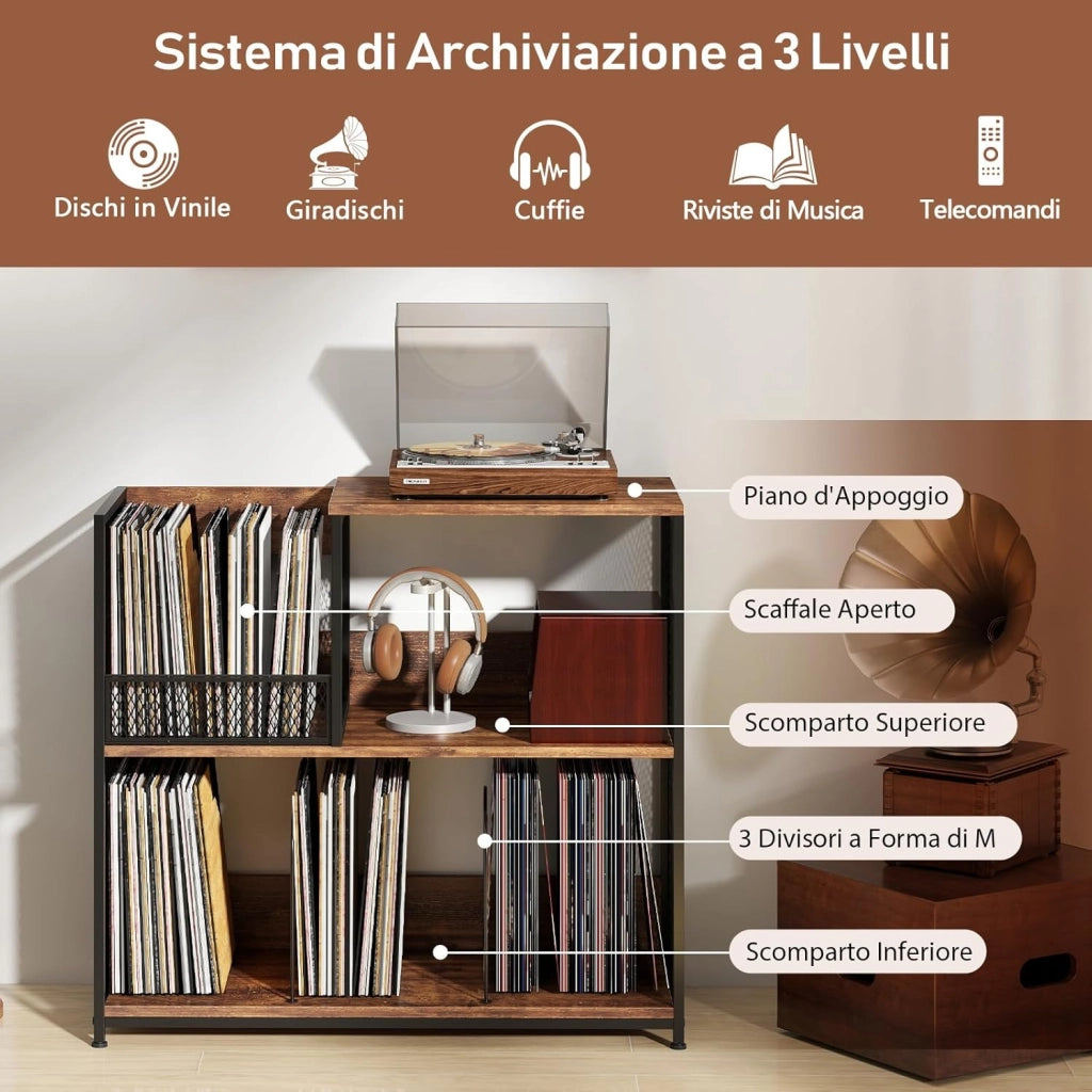 Supporto per Giradischi a 3 Ripiani, Fino a 300 Album, Porta Giradischi Vinili con 3 Separatori Rimovibili e Struttura in Metallo, Mensola di Archiviazione, 83x36x76,5 cm (Marrone)