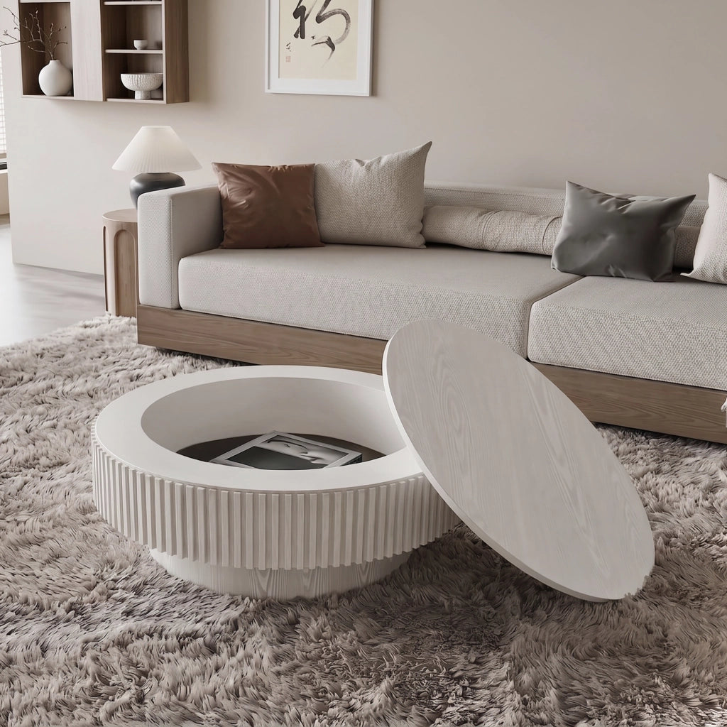 Tavolino basso rotondo con contenitore nascosto e design scanalato, per soggiorno e camera da letto, bianco vintage