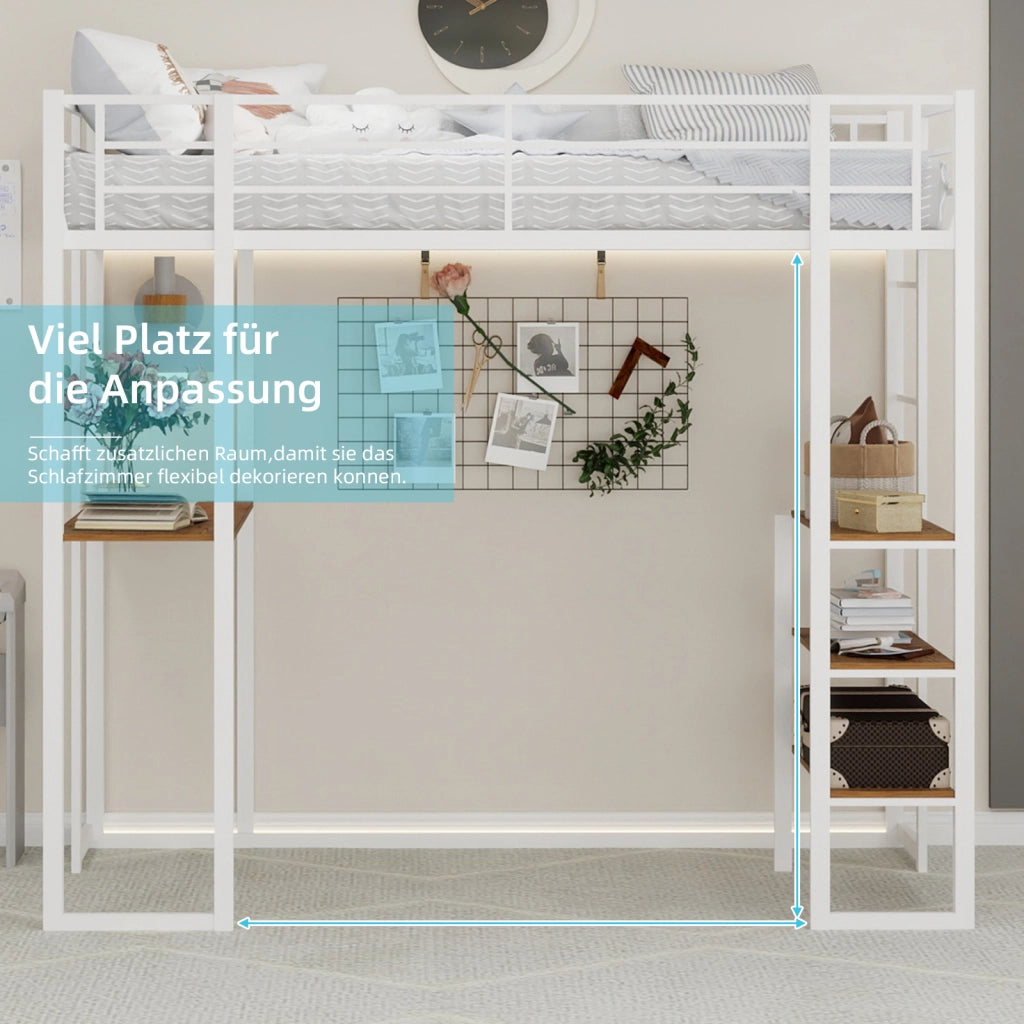 Letto a soppalco 90 × 190 cm con scrivania, scale doppie e spazio sottostante, senza materasso, bianco
