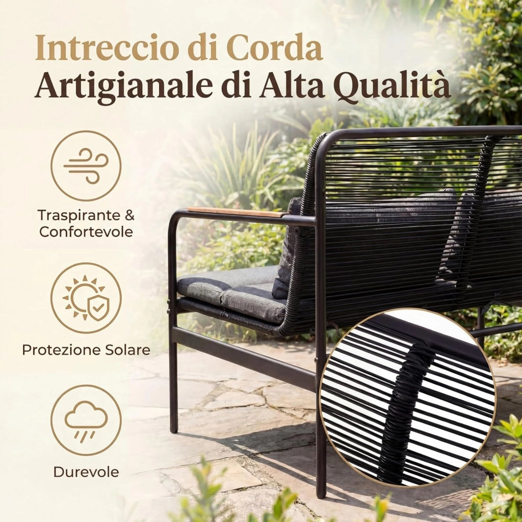 Set Salotto da Giardino 4 Pezzi in Rattan PE, Tavolo da Giardino con 2 Poltrone e Divano a 2 Posti, Set Mobili da Esterno con Struttura in Metallo e Cuscini Imbottiti, per Balcone e Patio