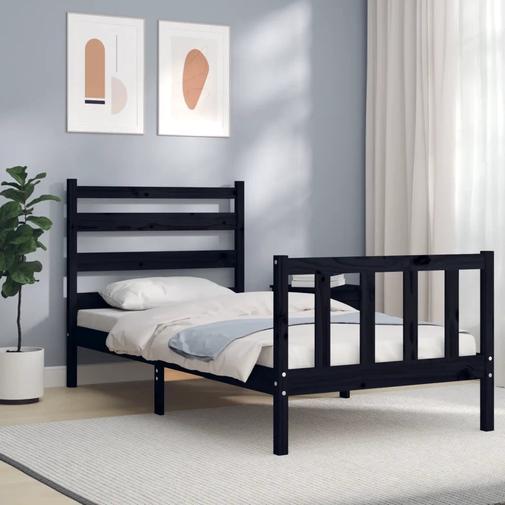 Letto singolo | Letto per adulti | Giroletto con Testiera Nero Small Single in Legno Massello