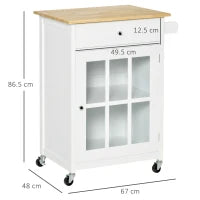 Carrello da Cucina Multiuso con 4 Ruote, in Legno Bianco, 67x48x86.5cm