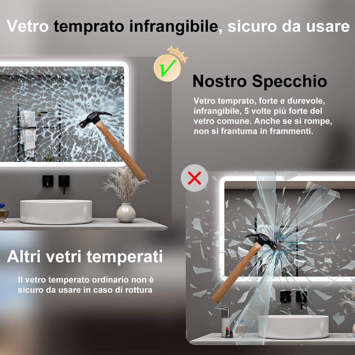 AICA Specchio da bagno  100 x 60 cm, dimmerabile, Blue tooth, Funzione Memoria, antiappannamento, 3 colori