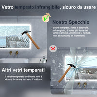 Specchio da bagno Rettangolare con 80x60cm,Blue tooth,3 colori,Memoria, Antifog,Regorabile,Retroilluminato,doppio interruttore,