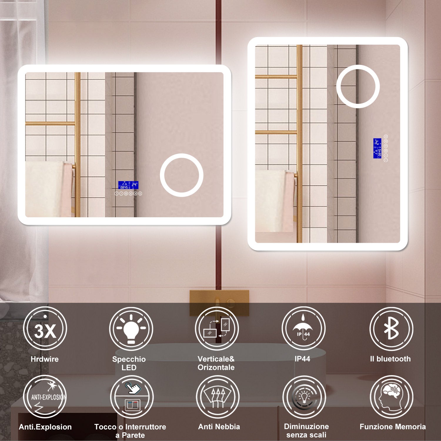 AICA Specchio da bagno  80 x 60 cm, dimmerabile, Blue tooth, Funzione Memoria, antiappannamento, 3 colori, Magnificatore,  orologio